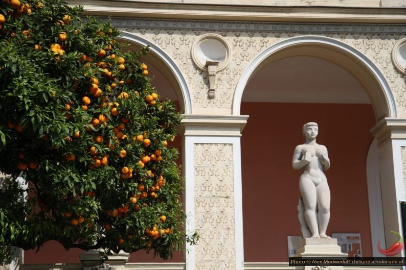 Musée de Préhistoire Régionale avec oranger et statue naïve